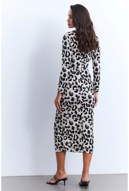 Kadın Ekru-Siyah Önü Düğümlü Desenli Midi Elbise MKED5006