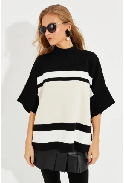 Kadın Ekru-Siyah Panço Kazak SF2513