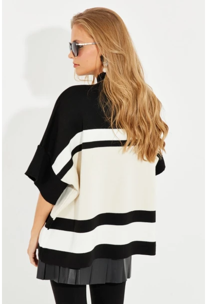 Kadın Ekru-Siyah Panço Kazak SF2513