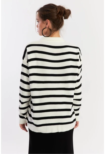Kadın Ekru-Siyah Polo Yaka Çizgili Triko Kazak SE01