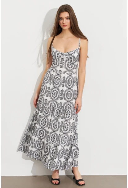 Kadın Ekru-Siyah Sırt Dekolteli Desenli Maxi Elbise LİT110