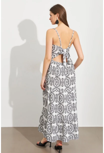 Kadın Ekru-Siyah Sırt Dekolteli Desenli Maxi Elbise LİT110
