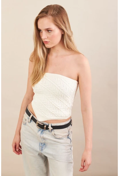 Kadın Ekru Straplez Triko Crop Bluz ZH049