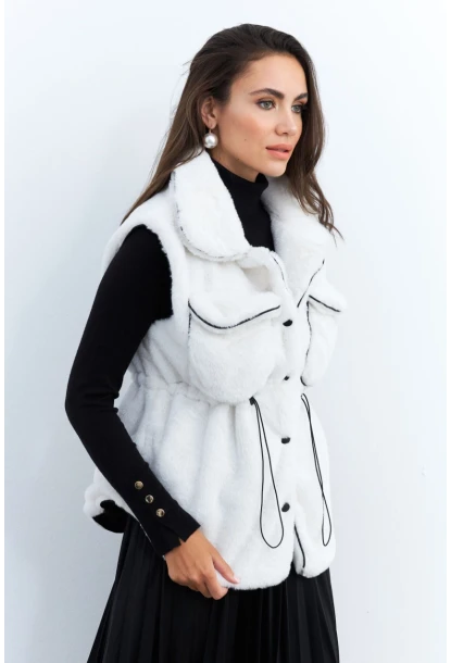 Kadın Ekru Suni Kürk Cepli Yelek MK66