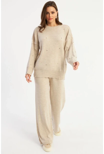 Kadın Ekru Taşlı Alt Üst Takım MYİL10