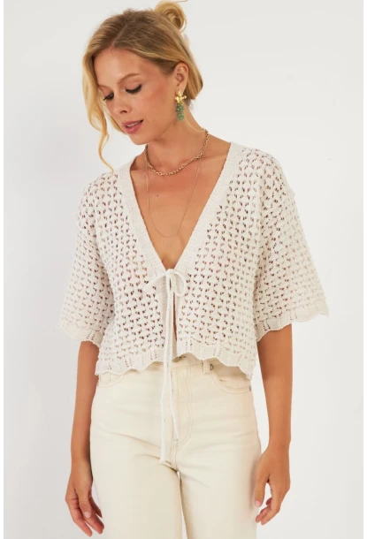 Kadın Ekru Triko Ajurlu Hırka YV255