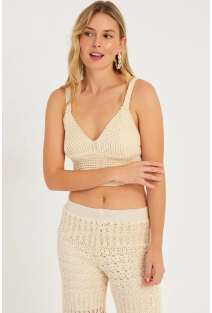 Kadın Ekru Triko Crop Bluz KZ2507