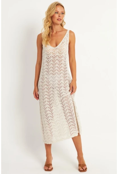 Kadın Ekru Triko Midi Plaj Elbisesi HC1482