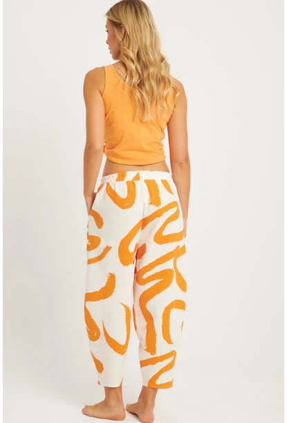 Kadın Ekru-Turuncu Desenli Keten Şalvar Pantolon K1253