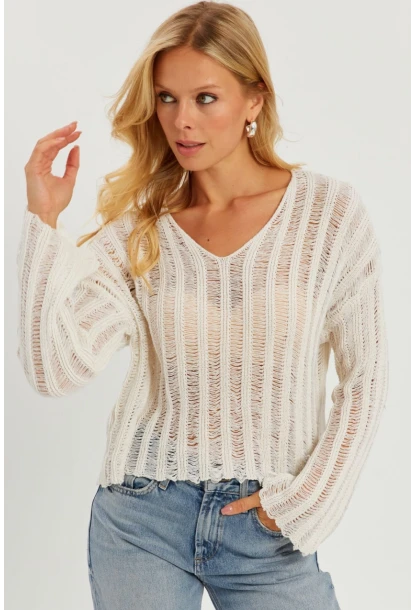 Kadın Ekru V Yaka Ajurlu Triko Bluz YV233