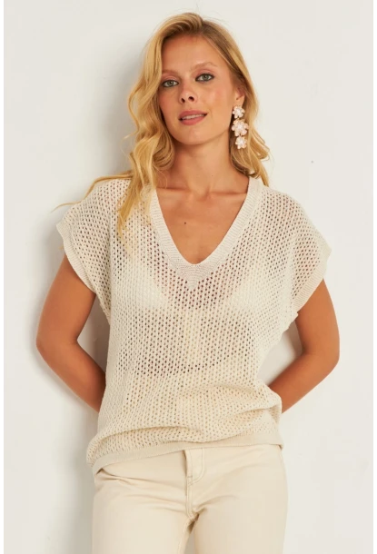 Kadın Ekru V Yaka Fileli Bluz SMT230