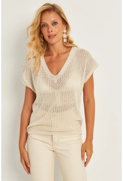 Kadın Ekru V Yaka Fileli Bluz SMT230