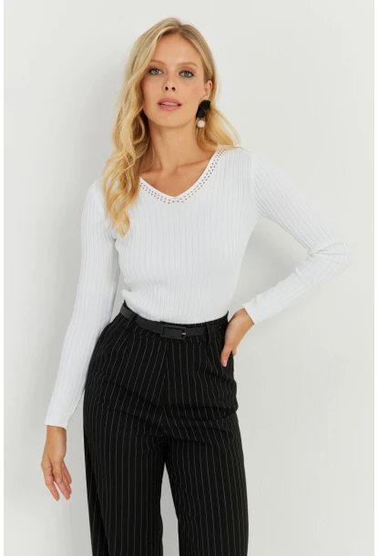 Kadın Ekru V Yaka Fitilli Triko Bluz SMT216