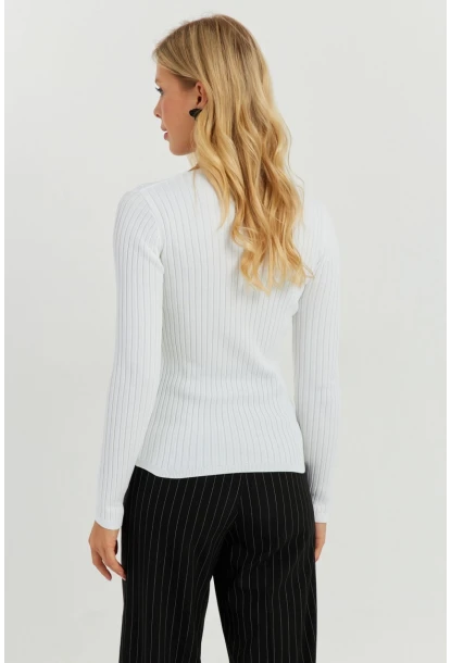 Kadın Ekru V Yaka Fitilli Triko Bluz SMT216