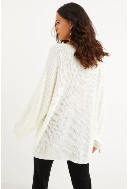 Kadın Ekru V Yaka Salaş Oversize Triko Tunik SMT158