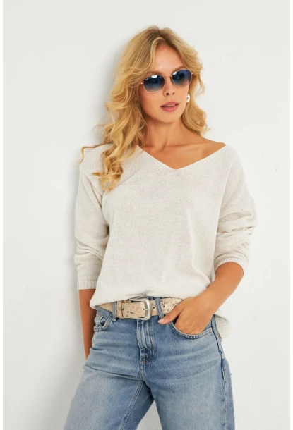 Kadın Ekru V Yaka Triko Bluz YV282