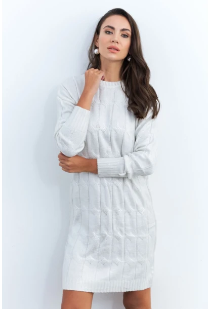 Kadın Ekru Varaklı Triko Midi Elbise NAR446