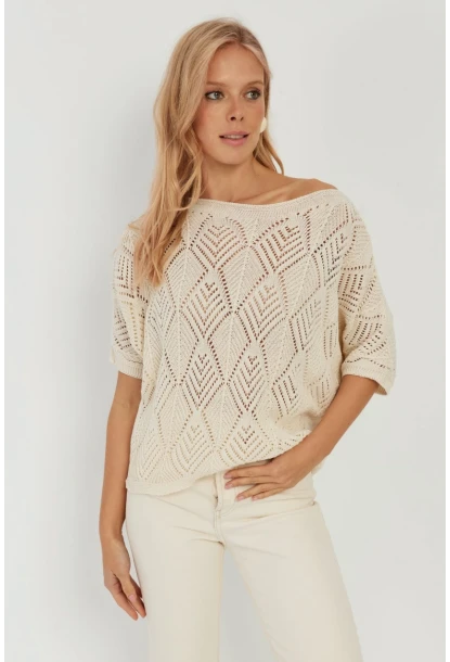 Kadın Ekru Yarasa Kol Ajurlu Triko Bluz YZ621