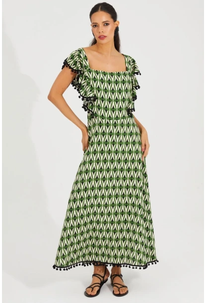 Kadın Ekru-Yeşil Sırtı Gipeli Kare Yaka Elbise BK1650