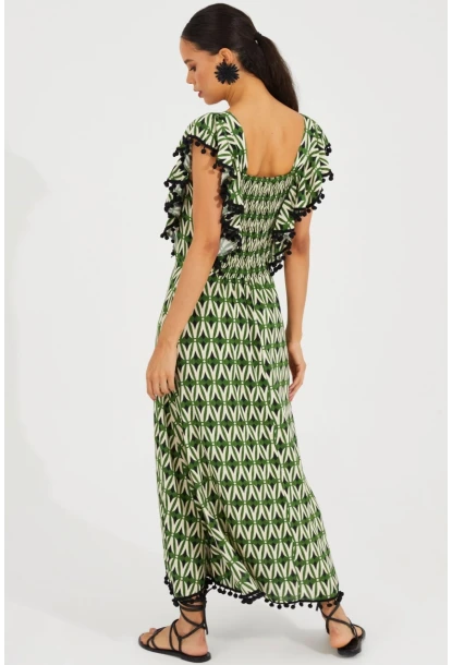 Kadın Ekru-Yeşil Sırtı Gipeli Kare Yaka Elbise BK1650