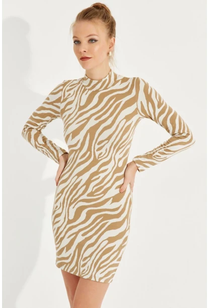 Kadın Ekru Zebra Desenli Mini Elbise AYD249