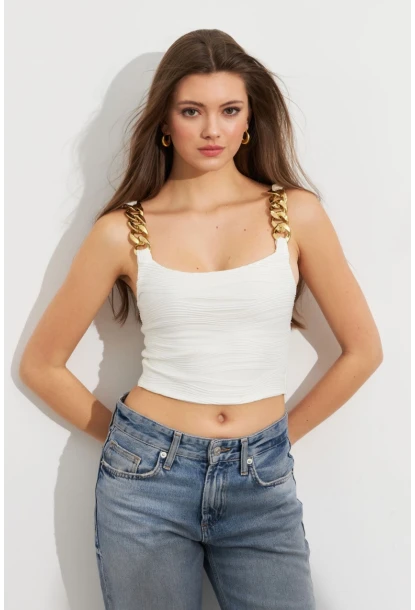 Kadın Ekru Zincir Askılı Astarlı Crop Bluz LİT109