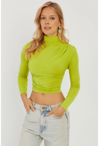 Kadın Fıstık Yeşil Büzgülü Kısa Bluz MEN2023-90