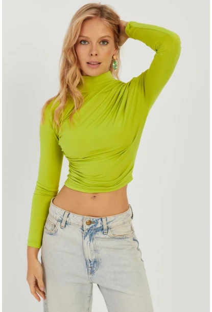 Kadın Fıstık Yeşil Büzgülü Kısa Bluz MEN2023-90