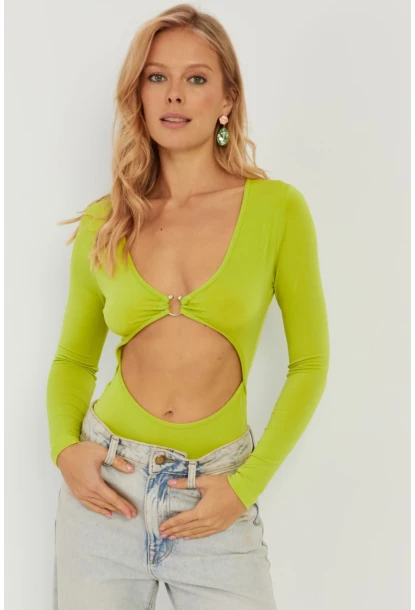 Kadın Fıstık Yeşil Dekolteli Çıtçıtlı Body MEN2026