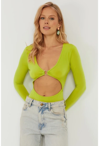 Kadın Fıstık Yeşil Dekolteli Çıtçıtlı Body MEN2026