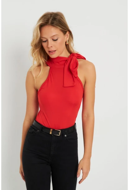 Kadın Fiyonklu Crop Bluz Kırmızı EY2726