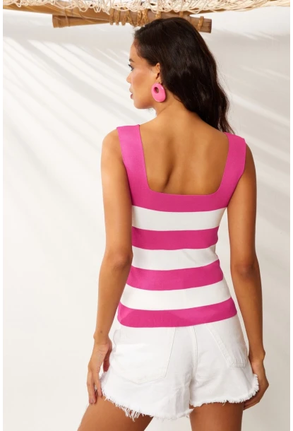 Kadın Fuşya-Beyaz Kare Yaka Triko Bluz YV80