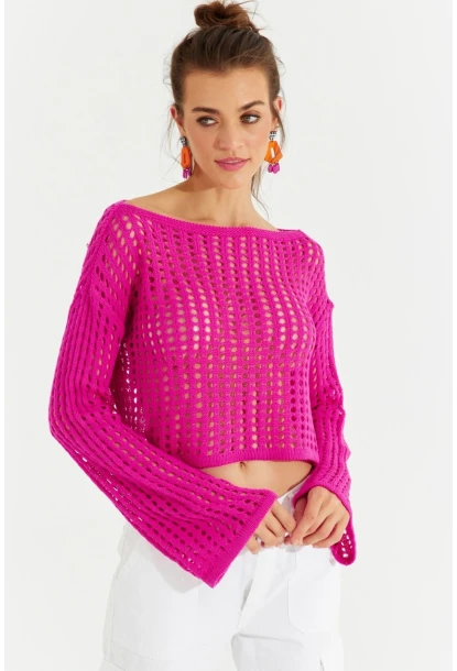Kadın Fuşya İspanyol Kol Ajurlu Triko Kısa Bluz SMT181