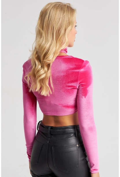 Kadın Fuşya Kare Yaka Boyunluklu Kadife Crop Bluz B2867