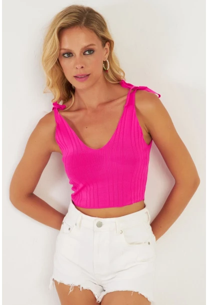 Kadın Fuşya Omuzları Bağlamalı Triko Bluz YV260