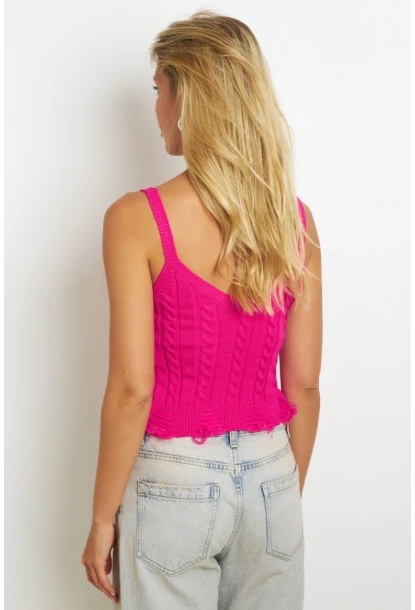 Kadın Fuşya Örgülü V Yaka Triko Bluz KAZ05