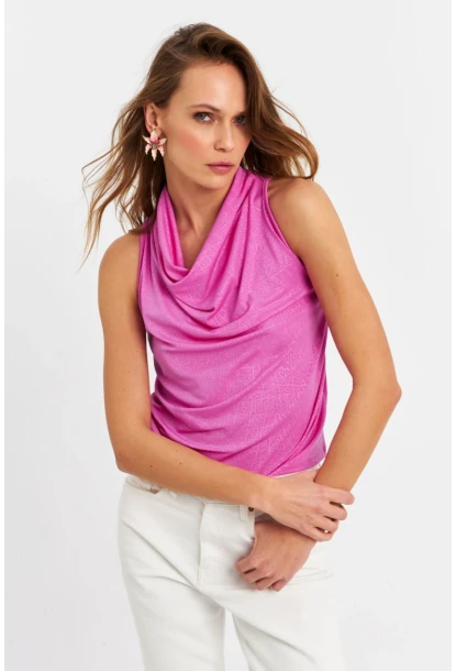 Kadın Fuşya Sırt Pencereli Desenli Bluz LPP1021