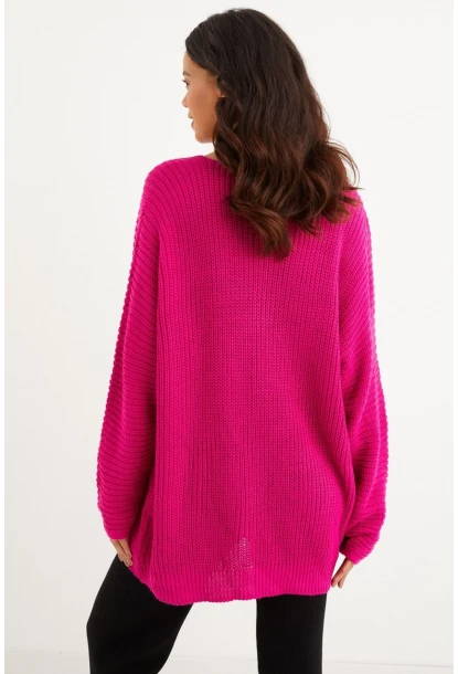 Kadın Fuşya V Yaka Salaş Oversize Triko Tunik SMT158