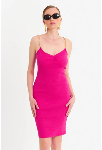 Kadın Fuşya Zincir Askılı Kaşkorse Midi Elbise UR204