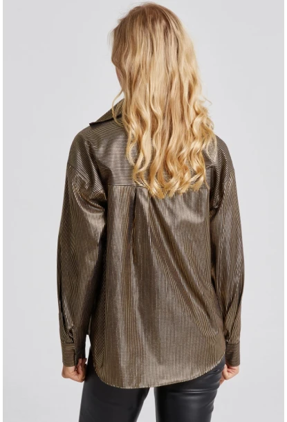 Kadın Gold Rengi Çizgili Parlak Gömlek SF2531