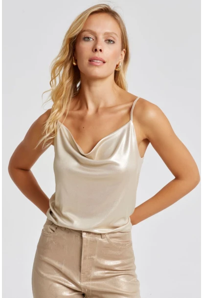 Kadın Gold Rengi Degaje Yaka Lurex Bluz LPP1250