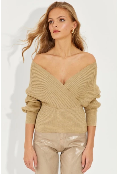 Kadın Gold Rengi Kruvaze Simli Kazak KED125