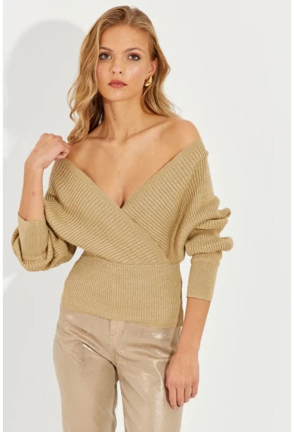 Kadın Gold Rengi Kruvaze Simli Kazak KED125