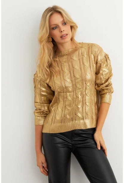 Kadın Gold Rengi Saç Örgülü Vatkalı Triko Bluz RM618