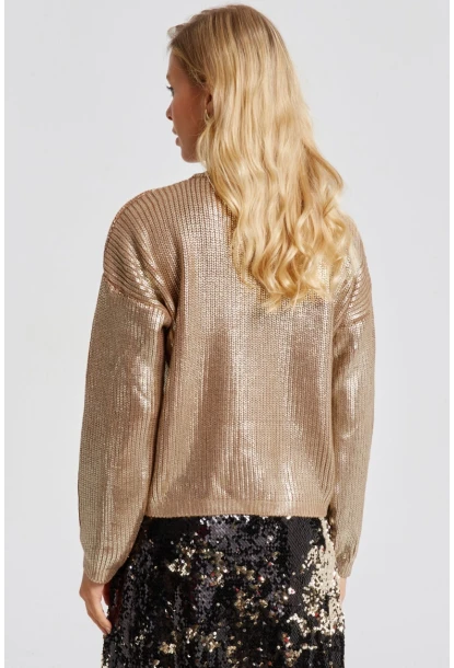 Kadın Gold Rengi Varakli Triko Bluz SF2530