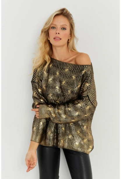 Kadın Gold Rengi Varaklı Triko Kazak SF2533