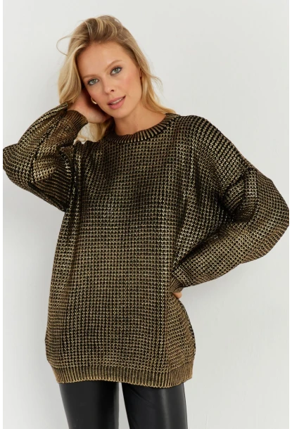 Kadın Gold Rengi Varaklı Triko Kazak SF2534