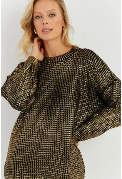 Kadın Gold Rengi Varaklı Triko Kazak SF2534