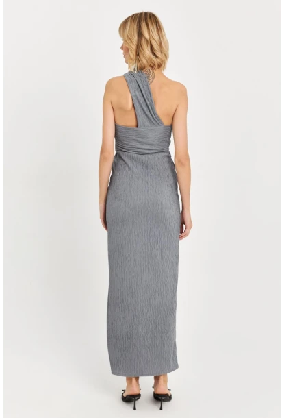 Kadın Gri Asimetrik Yaka Maxi Elbise NH25455