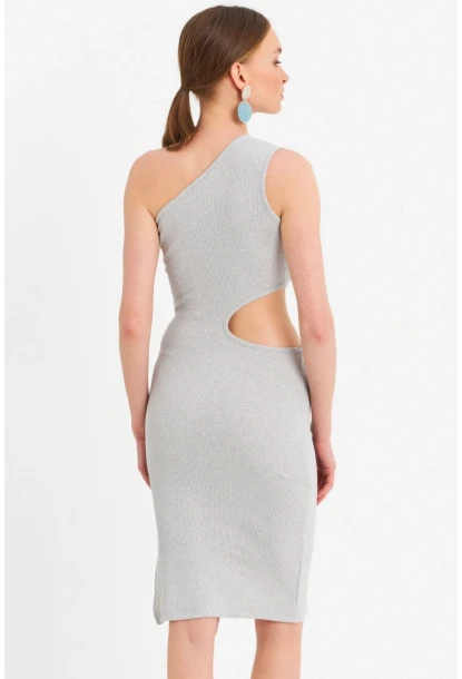 Kadın Gri Dekolteli Kaşkorse Midi Elbise OR2460